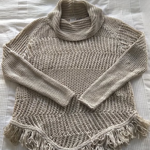 ESPRIT Poncho-Style Fringed Boho Cowl Neck Long Sleeved Taupe Beige Sweater - Picture 1 of 4